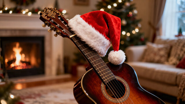 Acoustic guitar wearing a Santa hat in a cozy Christmas setting  
