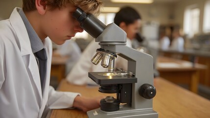 A young student intently peers through a microscope in a bright science laboratory setting surrounded by scientific equipment and other students