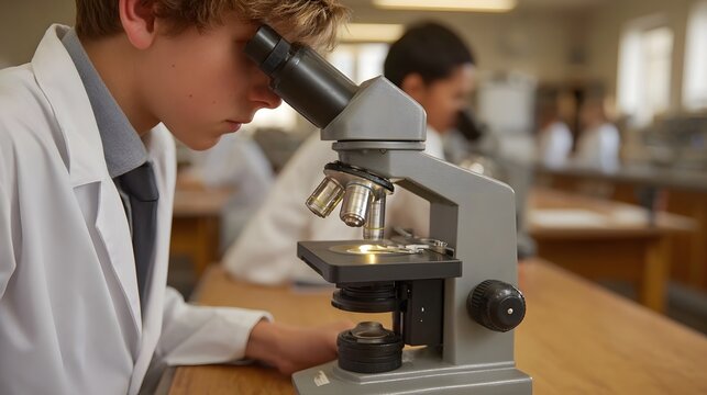 A young student intently peers through a microscope in a bright science laboratory setting surrounded by scientific equipment and other students
