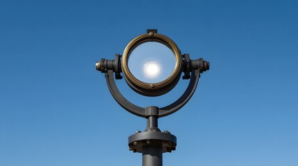 Antique brass scientific instrument focused on the sun under a clear blue sky