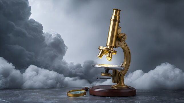 A vintage brass microscope is illuminated on its stage set against a dramatic backdrop of dark stormy clouds symbolizing scientific inquiry and