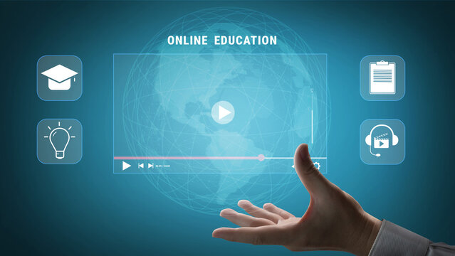 An online education and e-learning platform for distance learning. A concept of video courses, virtual classrooms, and digital study resources. Motif - Powered by Adobe