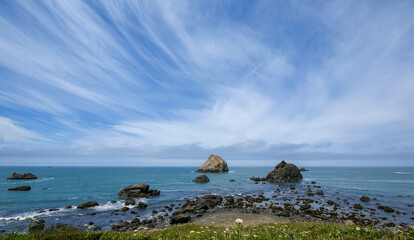 Rocky Pacific Coastline with Dramatic Sky in Northern California