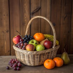 Fruit basket with apples, bananas, oranges, and grapes on wooden surface, natural light