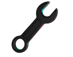 Angled Black Wrench Cartoon Icon with Reflective Glossy Finish, 3D Plastic Style