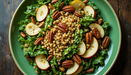 Vegan Kale Quinoa Apple Pecan Salad in Green Plate.
