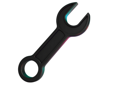 Angled Black Wrench Cartoon Icon with Reflective Glossy Finish, 3D Plastic Style