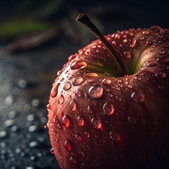 Red apple close-up with water drops, macro fruit photography, freshness concept
