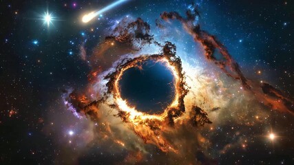 A spectacular cosmic void surrounded by a fiery ring of gas, distant stars, and a streaking comet.