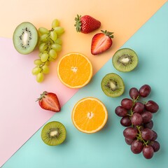 Colorful sliced fruits flat lay on pastel background, summer concept healthy food photo