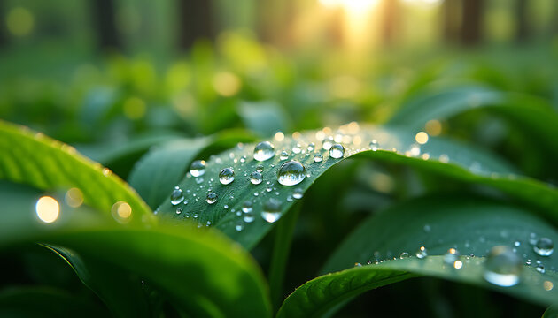 Close up photo of green leaves with water droplets and sunlight in background
