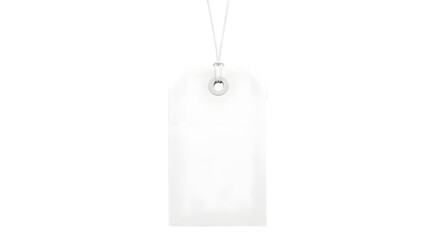 A blank white price tag hanging by a string, isolated on transparent background