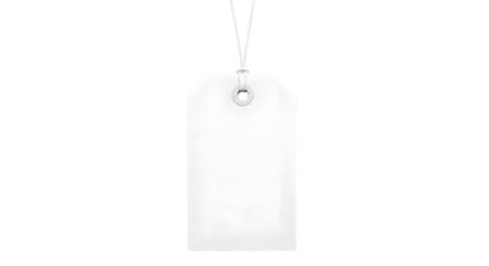 A blank white price tag hanging by a string, isolated on transparent background