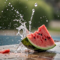 Fresh watermelon slice with water splash, summer fruit concept, motion freeze photography