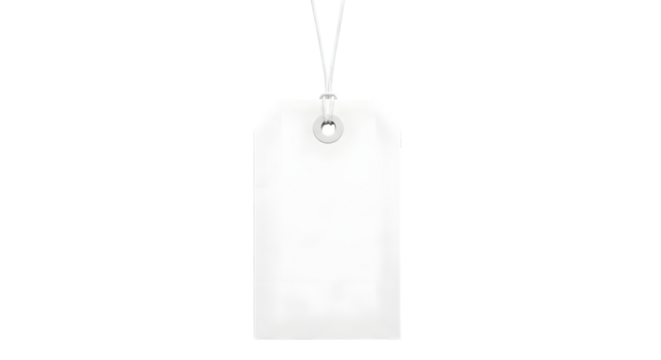 A blank white price tag hanging by a string, isolated on transparent background
