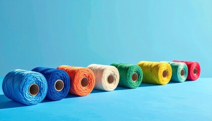 Colorful thread spools with sewing needles on blue surface for editorial textile photography crafting decor and poetic precision-themed visuals
