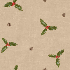 Holly and Pinecones Christmas Seamless Pattern