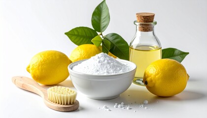 Natural cleaning ingredients and personal care items arranged on white background for editorial wellness photography eco-friendly decor and poetic simplicity-themed visuals