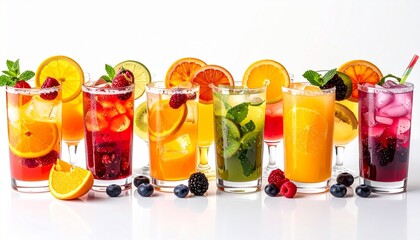Eight colorful fruit juices or cocktails with garnishes on white surface for editorial beverage photography wellness decor and poetic refreshment-themed visuals