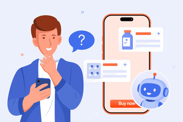 Thoughtful male customer using a smartphone for online pharmacy purchases, assisted by an AI chatbot, with medication options and a "Buy now" button. E-pharmacy illustration concept.