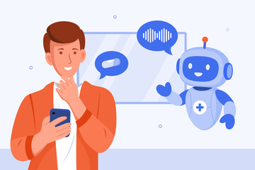 Thoughtful male patient using a smartphone, interacting with an AI medical chatbot about medication via voice. Voice healthcare assistant illustration concept.