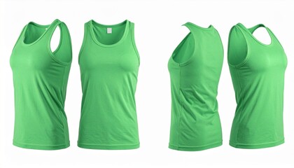 Green sleeveless athletic tank top shown from four angles on white background for editorial apparel photography activewear decor and poetic motion-themed visuals