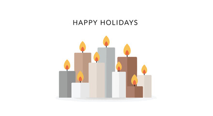 Happy holidays greeting with a collection of lit pillar candles in various neutral colors against a white background
