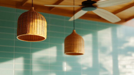 Captured is a composition featuring two woven rattan pendant lights set against a serene turquoise tile backdrop, complemented by a subtle ceiling fan, evoking a sense of calm.