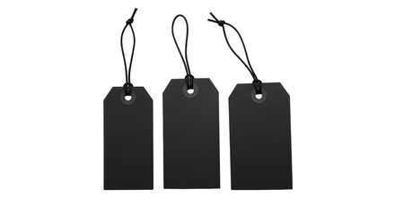 Three blank black gift tags with strings attached, isolated on transparent background