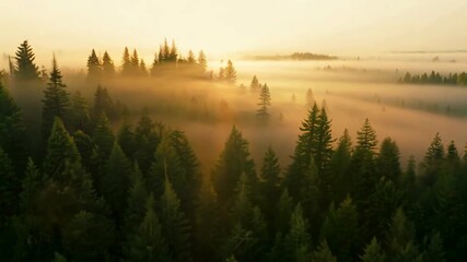 Cinematic aerial view of a foggy pine forest with sun rays shining through trees. Golden sunrise nature landscape background. - Powered by Adobe