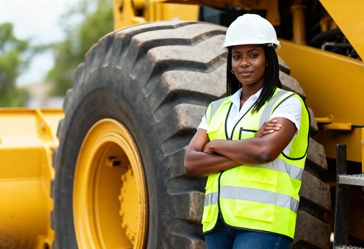 Confident black female construction worker in a hard hat and safety vest. Professional African American engineer standing by heavy machinery at an industrial site