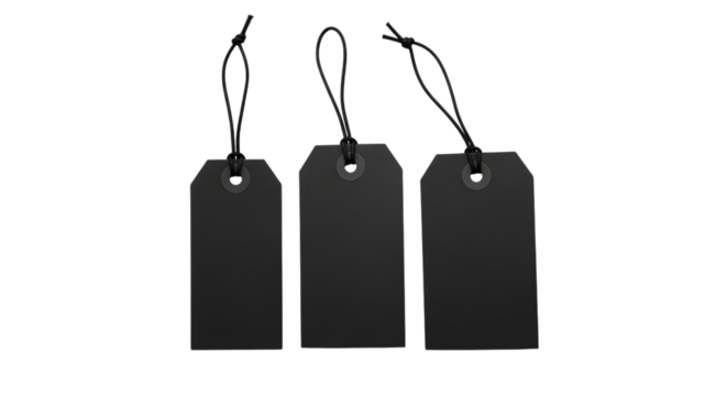 Three blank black gift tags with strings attached, isolated on transparent background