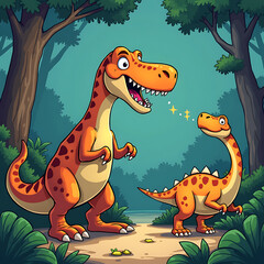 Naklejka premium Large and small orange cartoon dinosaurs in forest environment during daytime