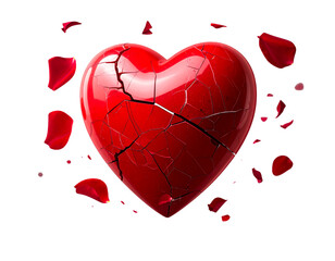  Broken Red Heart with Cracked Glass Texture and Falling Petals PNG