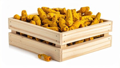 Wooden crate filled with turmeric roots on rustic surface for editorial food photography wellness decor and poetic vitality-themed visuals