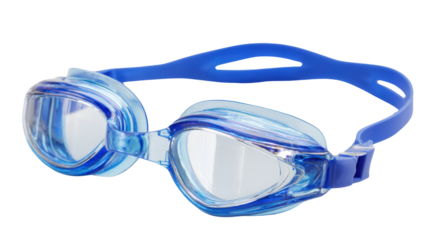 Blue swimming goggles with transparent lenses and adjustable strap representing sports equipment, pool accessories, and underwater protection gear on black background
