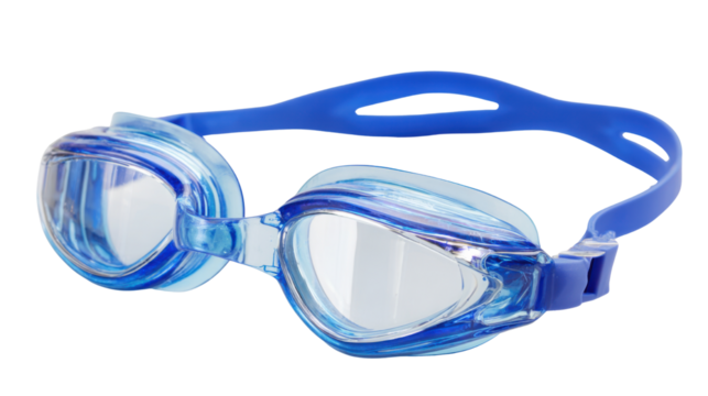 Blue swimming goggles with transparent lenses and adjustable strap representing sports equipment, pool accessories, and underwater protection gear on black background