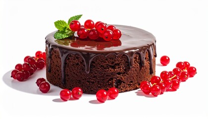 Chocolate cake slice with ganache topping and red currants on parchment paper for editorial dessert photography gourmet decor and poetic indulgence-themed visuals