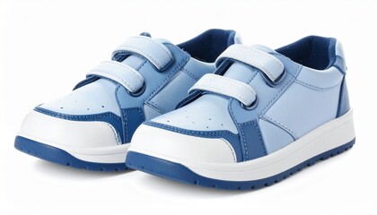 White children’s athletic shoes with Velcro straps and gray soles on white background for editorial footwear photography kidswear decor and poetic utility-themed visuals