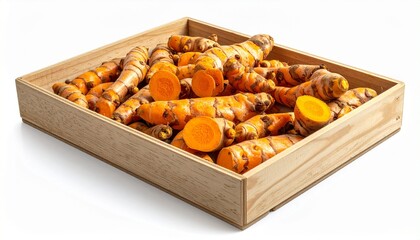 Wooden crate filled with turmeric roots on rustic surface for editorial food photography wellness decor and poetic vitality-themed visuals