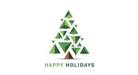 Modern abstract geometric christmas tree made of green triangles with a brown trunk and happy holidays text