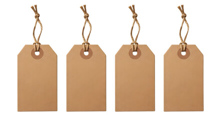 Four blank brown cardboard gift tags with string, isolated on transparent background