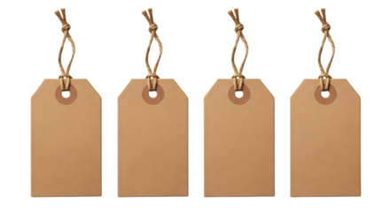 Four blank brown cardboard gift tags with string, isolated on transparent background