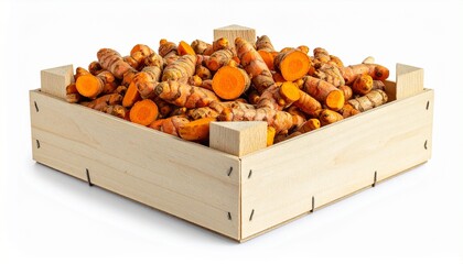 Wooden crate filled with turmeric roots on rustic surface for editorial food photography wellness decor and poetic vitality-themed visuals