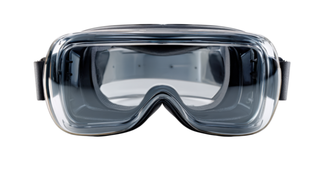 Transparent safety goggles with protective clear lenses for laboratory industrial and construction eye protection equipment concept on black background