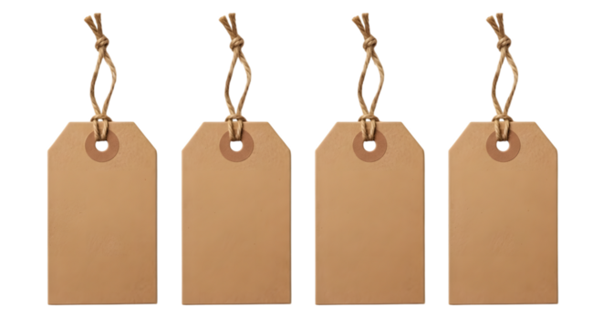 Four blank brown cardboard gift tags with string, isolated on transparent background - Powered by Adobe
