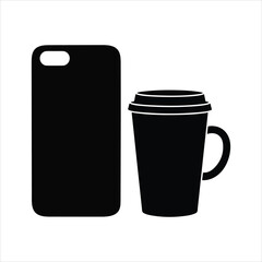 Smartphone and hot coffee cup black silhouette vector icons on crisp white