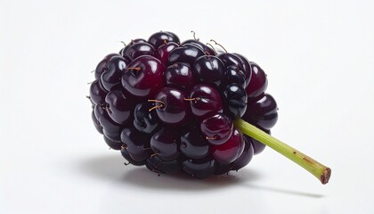 Close-up of single mulberry fruit with green stem on white background for editorial botanical photography food decor and poetic simplicity-themed visuals