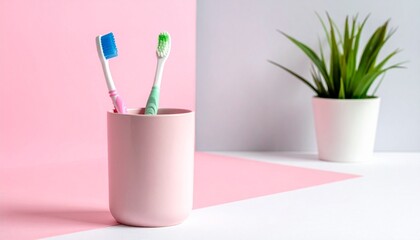 Toothbrushes in pink cup with pastel background and green plant for editorial hygiene photography bathroom decor and poetic routine-themed visuals