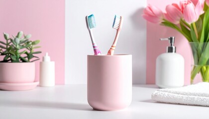 Toothbrushes in pink cup with pastel background and green plant for editorial hygiene photography bathroom decor and poetic routine-themed visuals